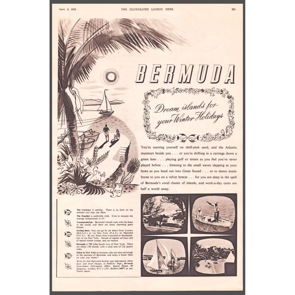 1950 Bermuda Winter Holiday Vacation Travel Vintage Print Ad Sailing Wall Art